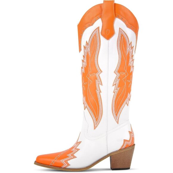 Women's Orange Cowgirl Knee High Boots Embroidered Cowboy Boots Chunky Heel - Picture 1 of 5